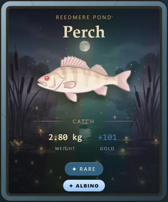 Perch catch card, albino morph — a white perch.
