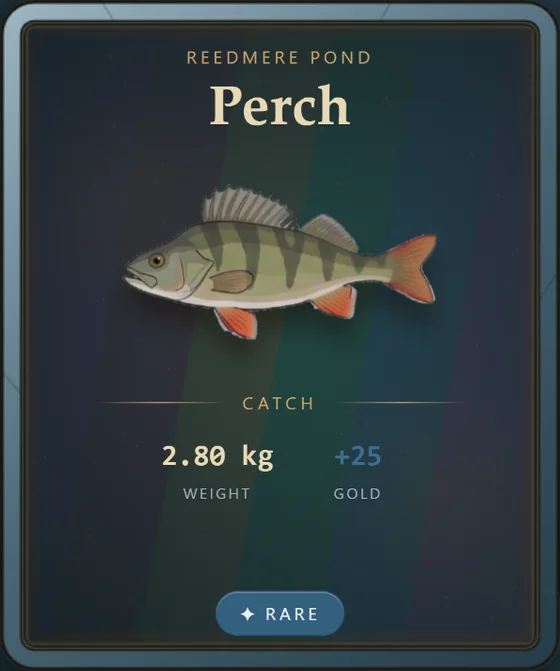 Perch catch card, rare tier, on a moonlit pond backdrop.