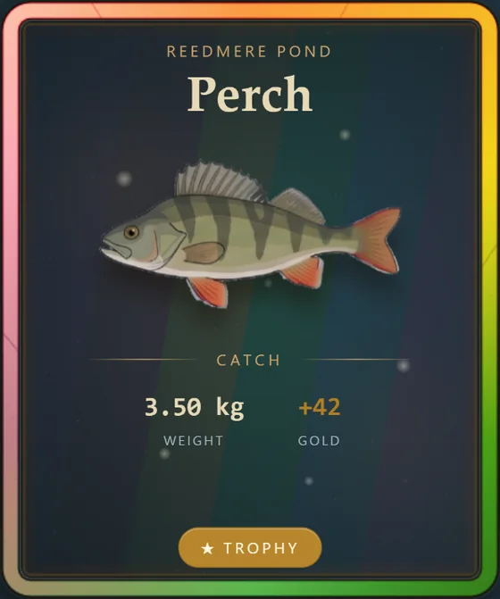 Perch catch card, trophy tier, with a holographic frame.