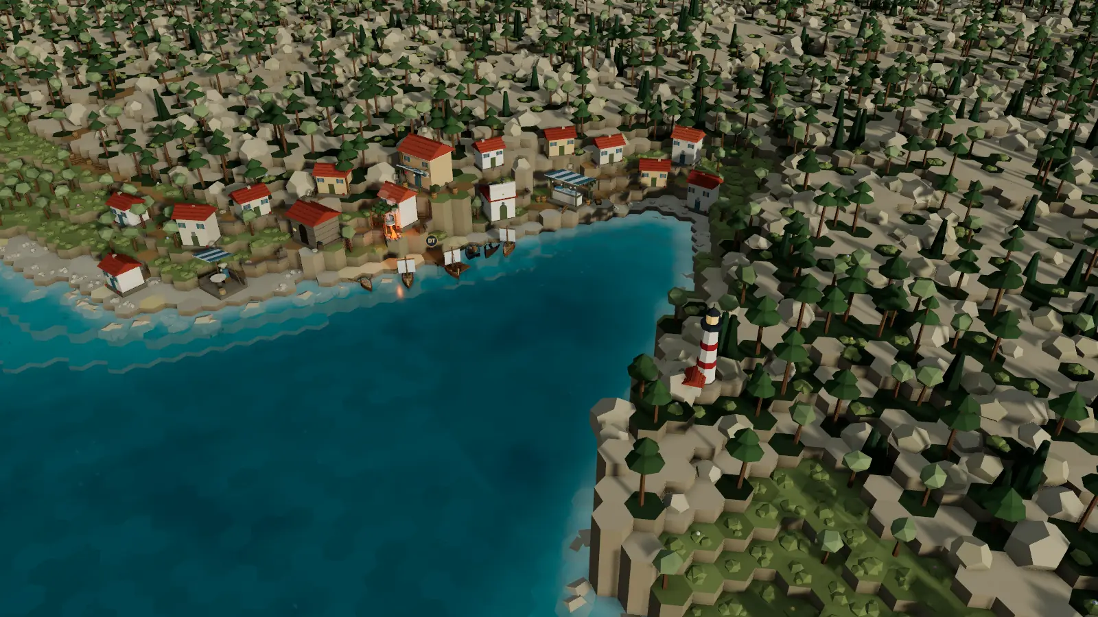 Azure Cove at first light: a hex-tiled shoreline, a red-roofed village and a lighthouse above clear water.