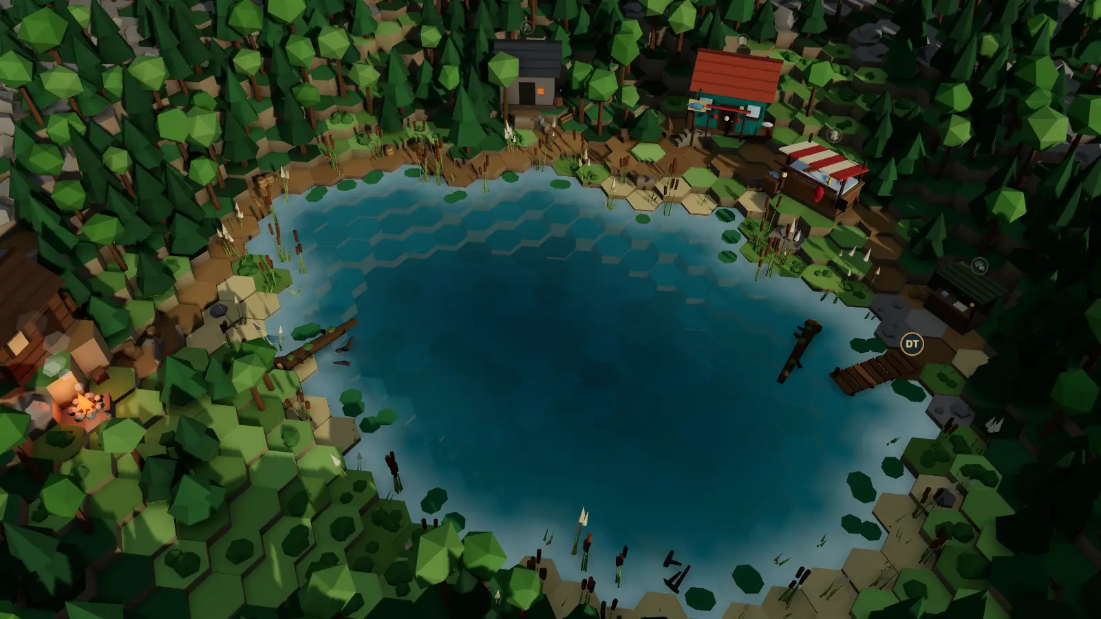 Reedmere Pond from above: a round pond ringed with pines, a cabin, a tackle stall and a campfire on the bank.