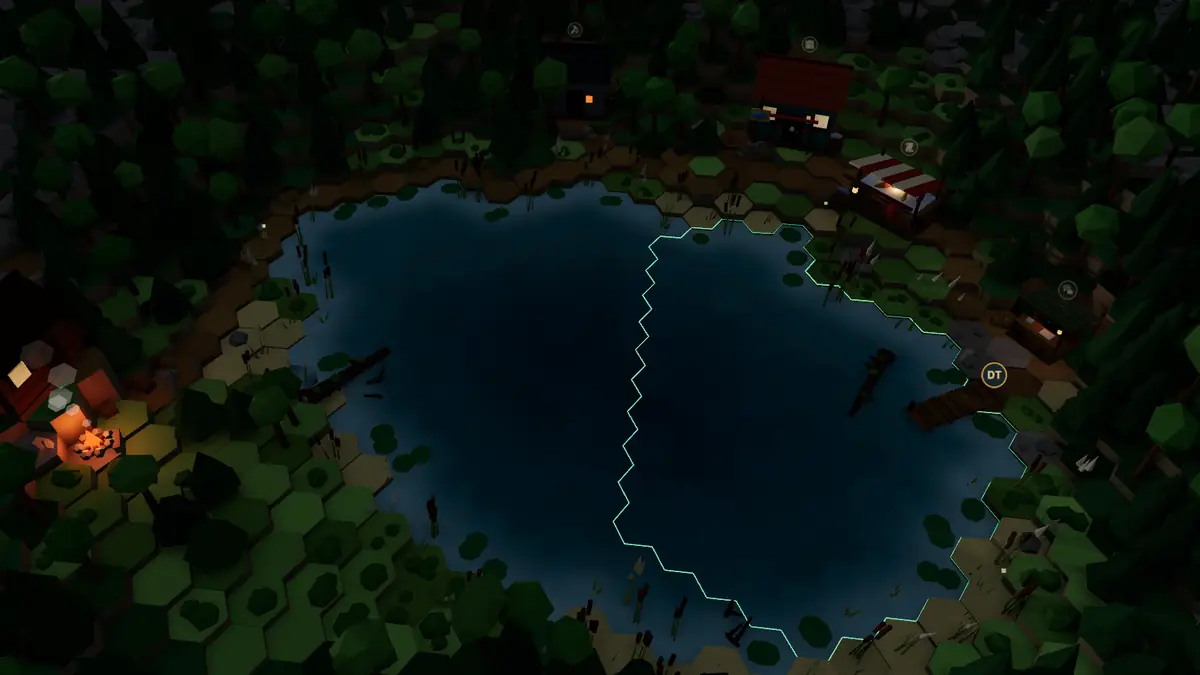 Reedmere Pond at night, the campfire lit on the bank and the in-range hexes outlined on the water.